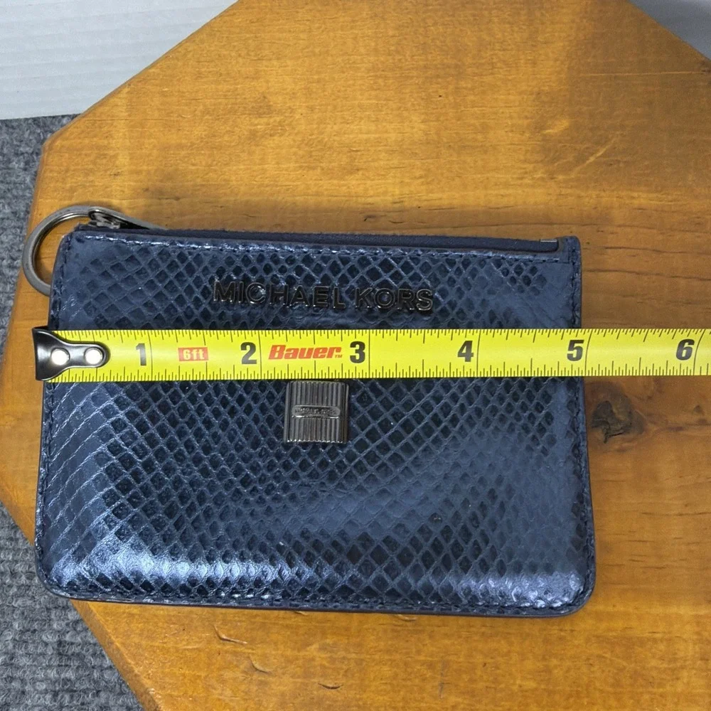 Michael Kors Python Embossed Zip Card Case Coin Pouch Key Ring Blue Snake Print